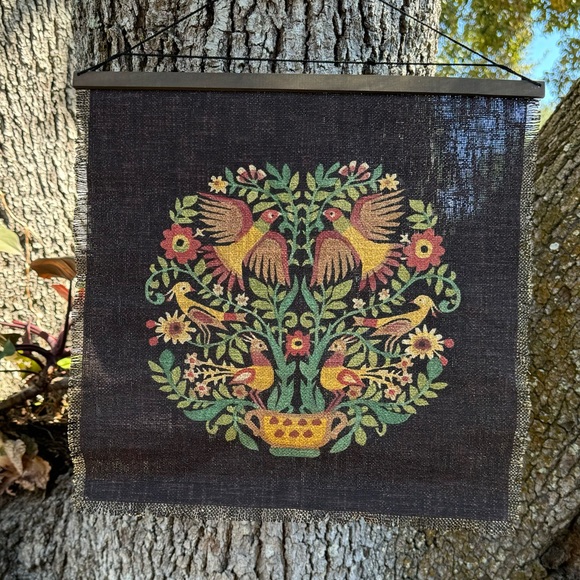 Vtg.Hand Painted folk Boho art wall hanging with 70s style birds and botanicals